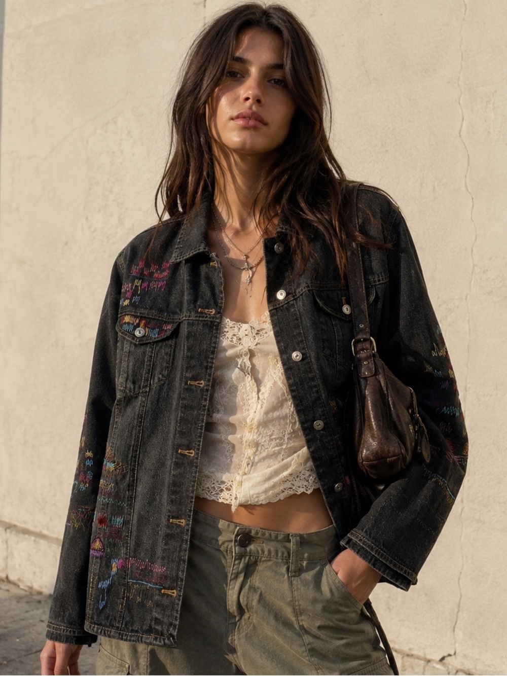 Chico’s Embroidered Denim Black Jean Jacket Oversized Boho Casual Layering